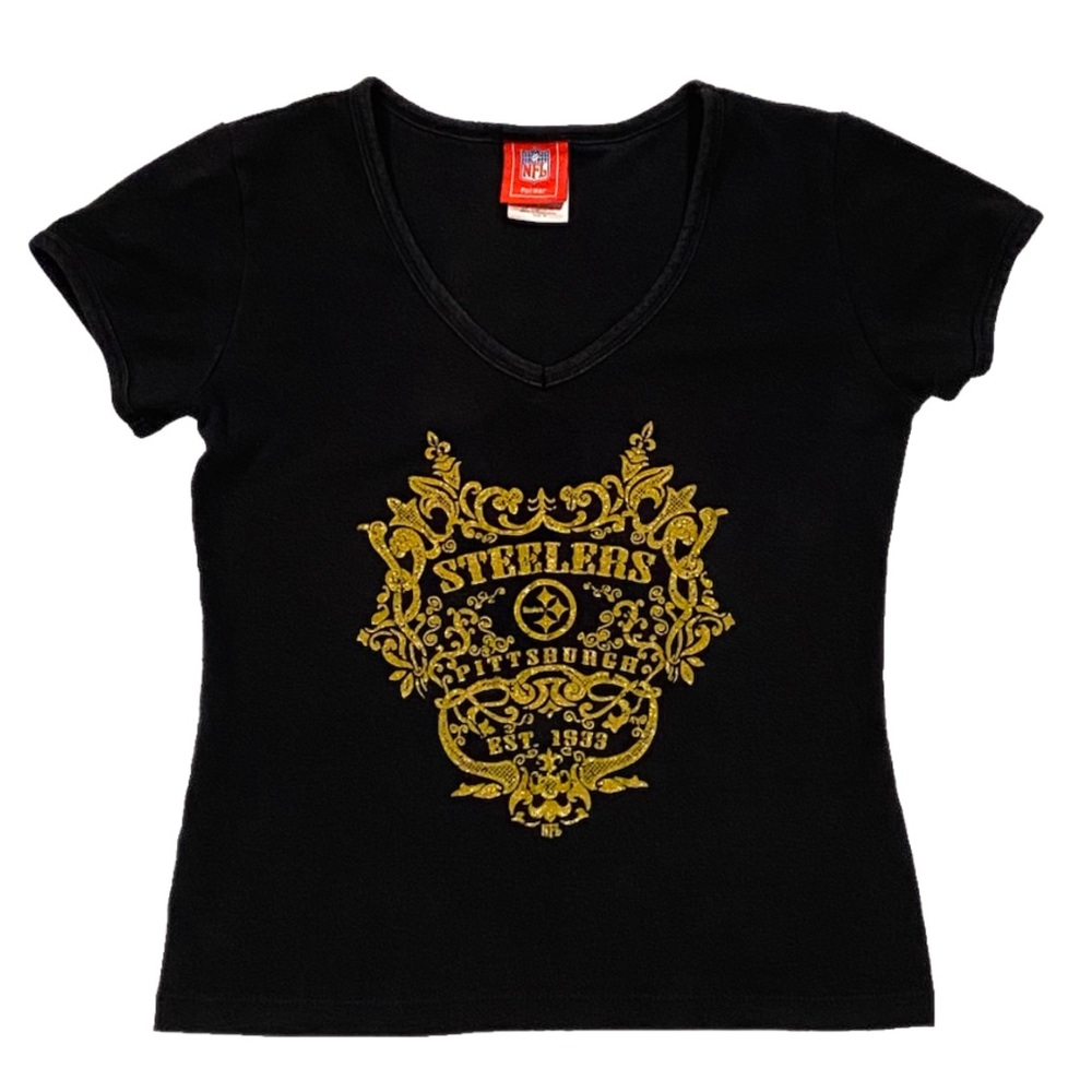 Pittsburgh Steelers NFL For Her Crop Top Women’s M Black & Gold Glitter T Shirt